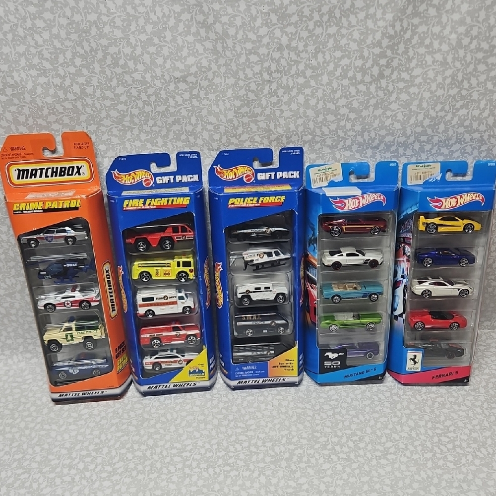 Hot Wheels Matchbox 5 Pack Lot Mustang 50th Ferrari Crime Patrol Police Fire